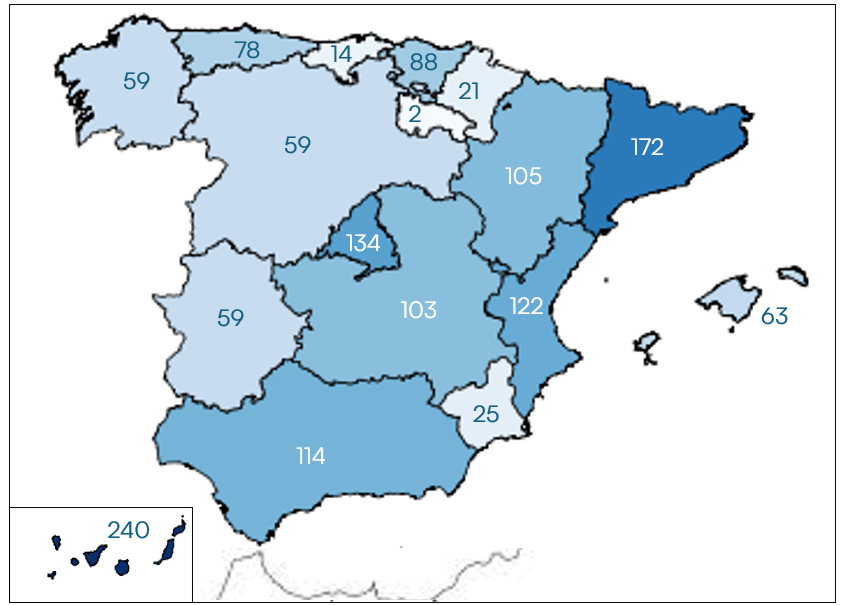 El documento muestra la distribución territorial por Comunidades Autónomas.