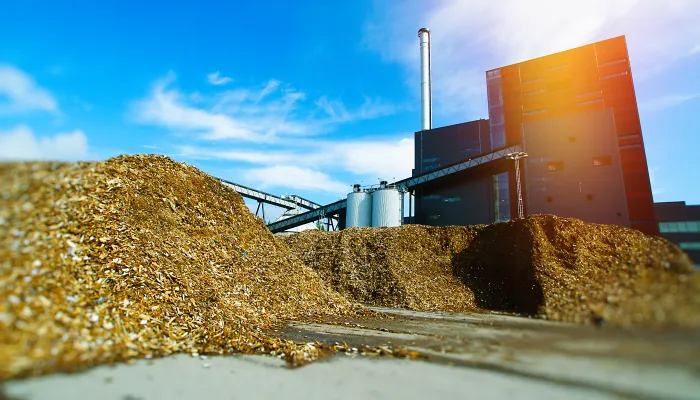 Central bioeléctrica con almacenamiento de combustible de madera (biomasa).